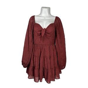 Trixxi Dress Small Rust Red Tie Front Sweetheart Tiered Long Sleeve Cottagecore